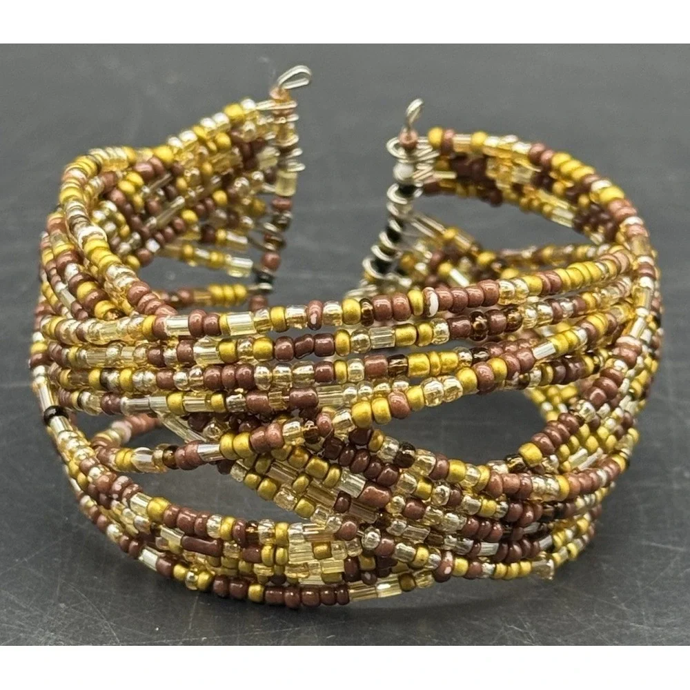 Boho Copper Cuff Bracelet + Multi Strand Seed Bead Bracelet Set Artisan Stack